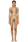 Norma Kamali Criss Cross Bikini Set In Black & Navy Denim Print