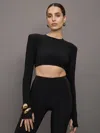 Norma Kamali Cropped Shoulder Pad Long Sleeve Crew Top In Black