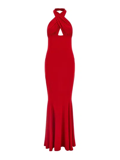 Norma Kamali Cross Halter Fishtail Dress In Red
