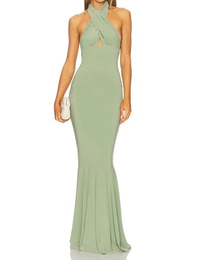 Norma Kamali Cross Halter Fishtail Gown In Vintage Green