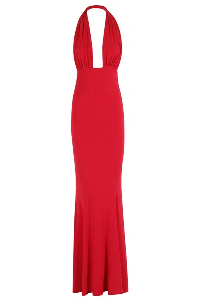 Norma Kamali Cross Halter Fishtail Gown In Red