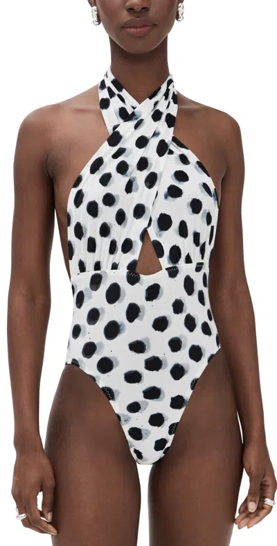 Norma Kamali Cross Halter Mio One Piece Paint Dots