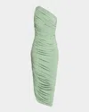 Norma Kamali Diana One-shoulder Ruched Jersey Midi Dress In Vintage Green