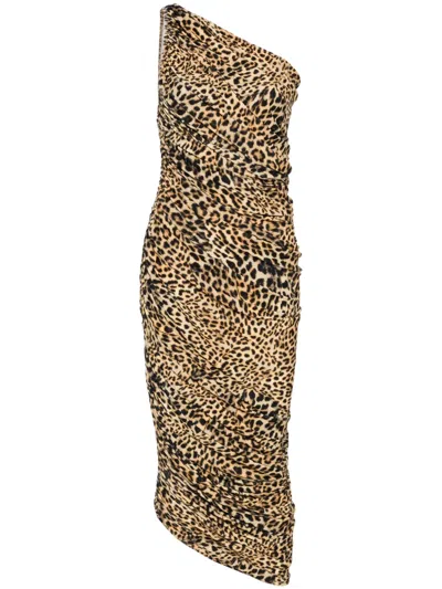 Norma Kamali Diana One-shoulder Ruched Leopard-print Stretch-jersey Midi Dress In Brown