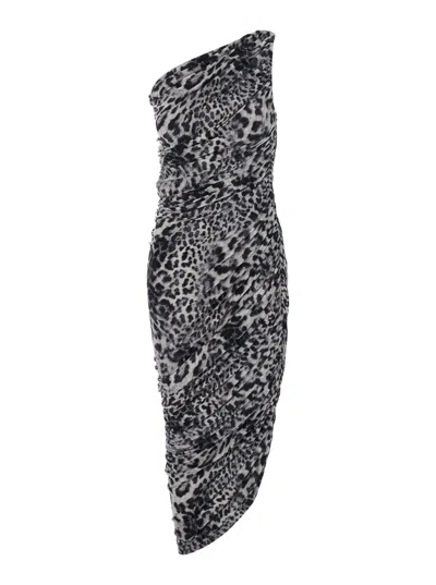 NORMA KAMALI DIANA GREY ONE-SHOULDER DRESS WITH ASYMMETRIC HEM AND ALL-OVER LEOPARD MOTIF IN TECH FABRIC STRETCH 