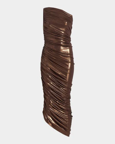 Norma Kamali Diana Metallic One-shoulder Midi Dress In Brown