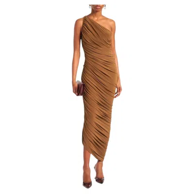 Pre-owned Norma Kamali Diana One-shoulder Ruched Midi Dress In Brown