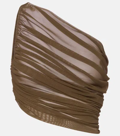 Norma Kamali Diana Ruched Asymmetric Crop Top In Brown