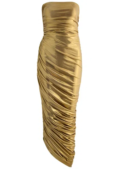 Norma Kamali Diana Ruched Metallic Stretch-jersey Maxi Dress In Metallic Gold