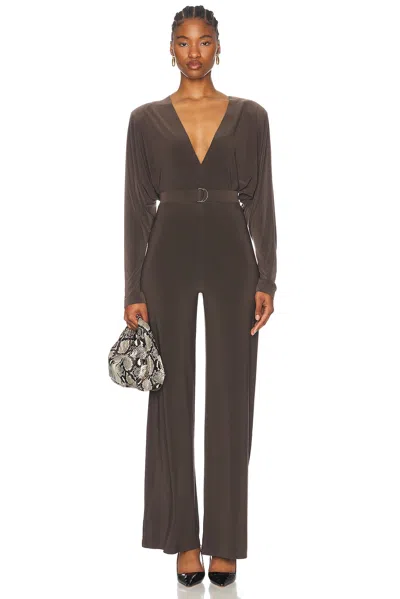 Norma Kamali Dolman V Neck Shoulder Pad Jumpsuit In Espresso