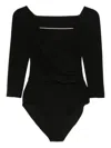 Norma Kamali Draped Black Bodysuit Top With Deep V-neckline In Black