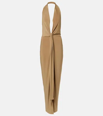 Norma Kamali Draped Halterneck Open-back Gown In Nude