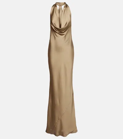 Norma Kamali Bias Draped Halterneck Satin Gown In Brown
