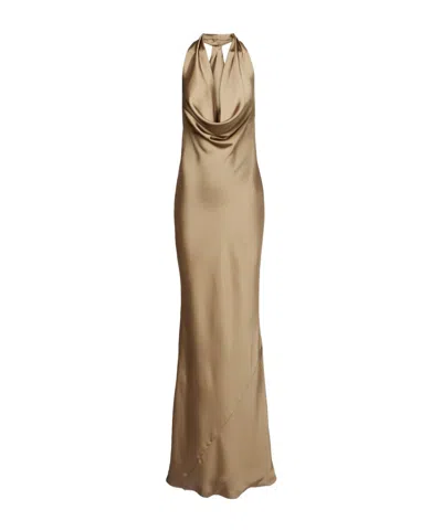 Norma Kamali Bias Draped Halterneck Satin Gown In Brown