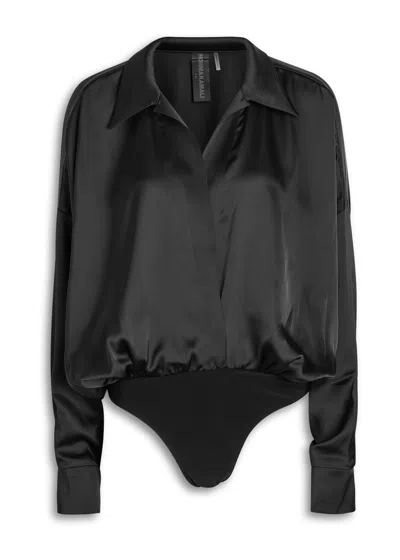 Norma Kamali Draped Satin Shirt Bodysuit In Black