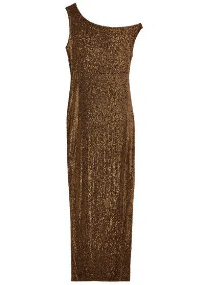 Norma Kamali Draped Sequin-embellished Gown In Bronze