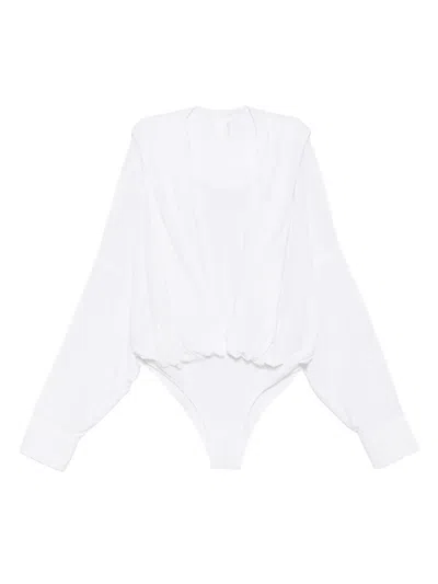 Norma Kamali Oversized Boyfriend Shirt Bodysuit In White