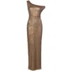 Norma Kamali Metallic One-shoulder Long Dress With Sequin Decorations In Tech Fabric Woman In Brown