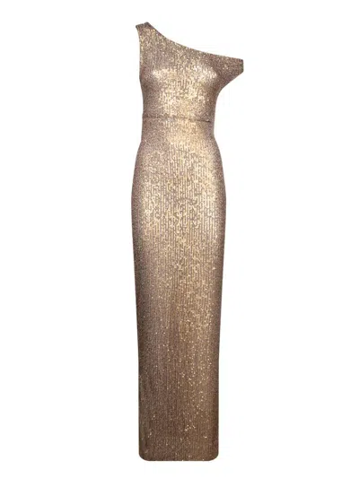 Norma Kamali Long Drop Sequin Gold Dress In Metallic