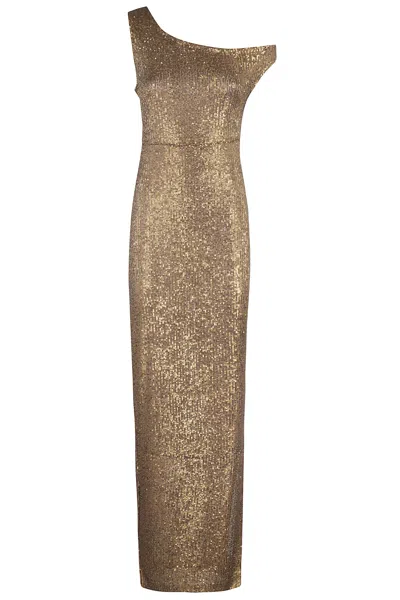 Norma Kamali Drop Shoulder Fitted Gown W Side Slit In Bronze