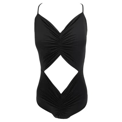 Pre-owned Norma Kamali Early 1990s  Black Viscose Ruched Cutout Bodysuit Swimsuit Medium