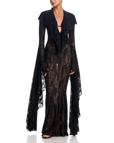 Norma Kamali Extra Long Sleeve Deep V Fishtail Gown In Black