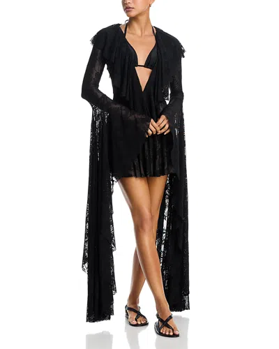Norma Kamali Extra Long Sleeve Deep V Ruffle Mini Dress In Black