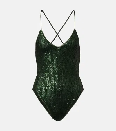 Norma Kamali Fara Sequined Bodysuit In Green