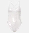 Norma Kamali Fara Sequined Semi-sheer Mesh Bodysuit In White