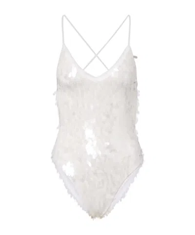 Norma Kamali Fara Sequined Semi-sheer Mesh Bodysuit In White