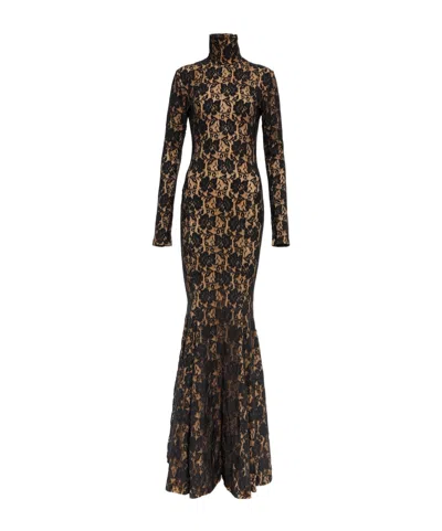 Norma Kamali Fishtail Lace-overlay Gown In Brown