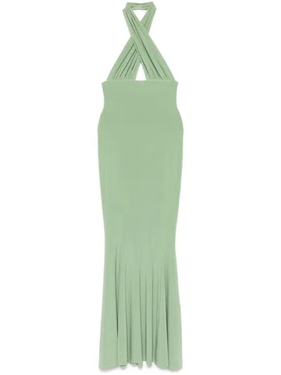Norma Kamali Green Cross-halter Fishtail Gown
