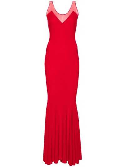 Norma Kamali Red Sleeveless Dress With Draped Neckline And Low Rear
