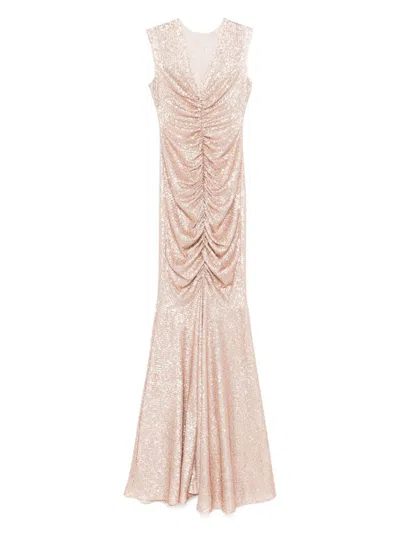 Norma Kamali Peach Fishtail Shirred Long Dress In Pink