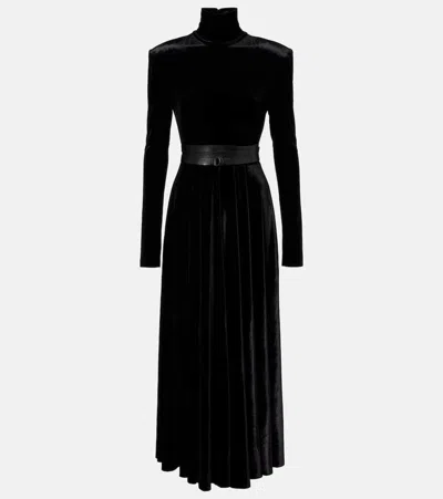 Norma Kamali Flared Turtleneck Velvet Midi Dress In Black