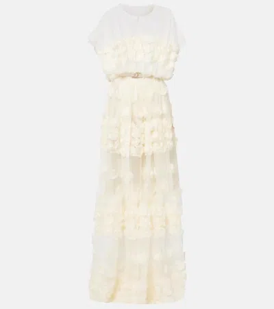 Norma Kamali Floral-appliqué Belted Sheer Gown In White