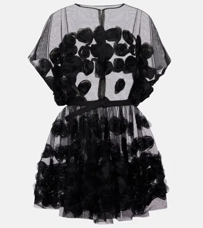Norma Kamali Floral-appliqué Belted Tulle Minidress