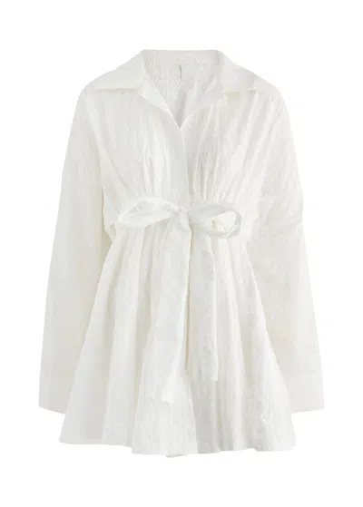 Norma Kamali Floral-embroidered Cotton Mini Shirt Dress In White