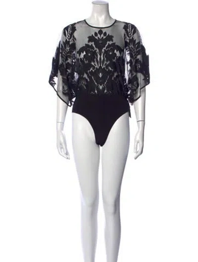Pre-owned Norma Kamali Floral Print Crew Neck Bodysuit W/ Tags In Black