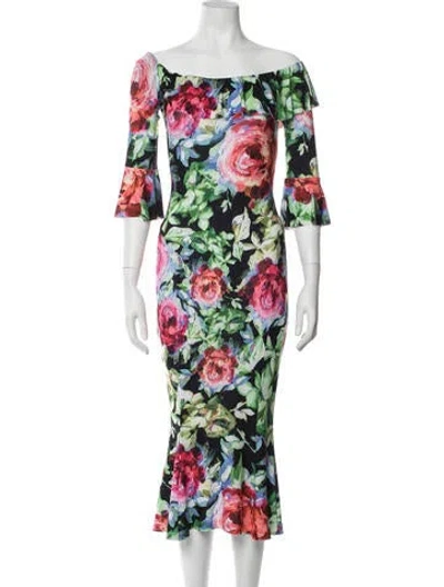 Pre-owned Norma Kamali Floral Print Midi Length Dress In Black
