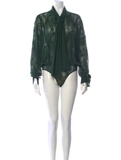 Pre-owned Norma Kamali Floral Print Tie Neck Bodysuit In Green