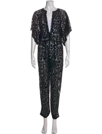 Pre-owned Norma Kamali Floral Print V-neck Jumpsuit In Black