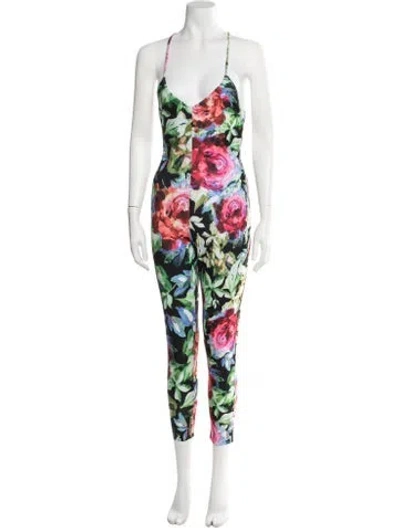Pre-owned Norma Kamali Floral Print V-neck Jumpsuit In Black/green