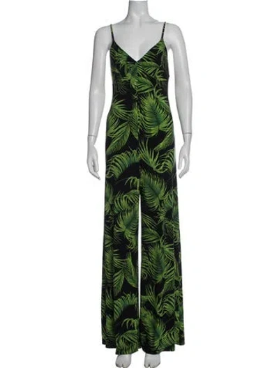 Pre-owned Norma Kamali Floral Print V-neck Jumpsuit In Black/green/white