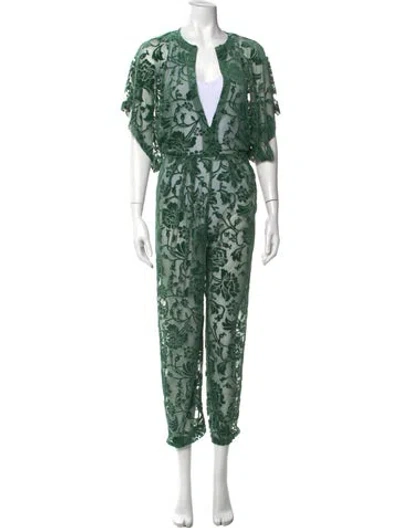 Pre-owned Norma Kamali Floral Print V-neck Jumpsuit In Green