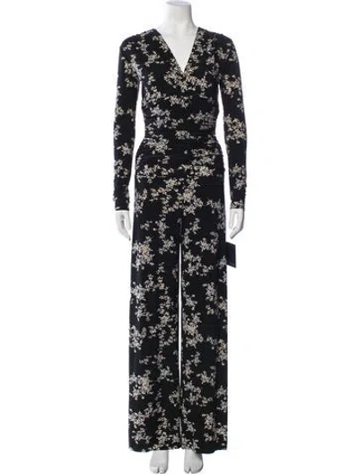 Pre-owned Norma Kamali Floral Print V-neck Jumpsuit W/ Tags In Black/blue
