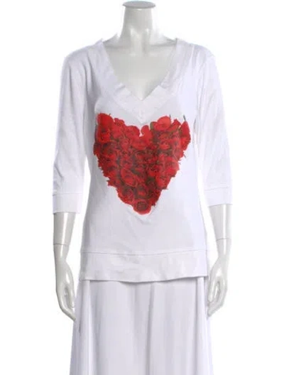 Pre-owned Norma Kamali Floral Print V-neck T-shirt In White