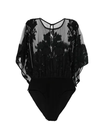 Norma Kamali Lace Bodysuit Cap Sleeves Sheer Floral In Animal Print
