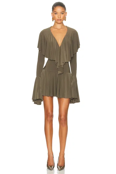Norma Kamali For Fwrd Long Sleeve Deep V Ruffle Mini Dress In Brown