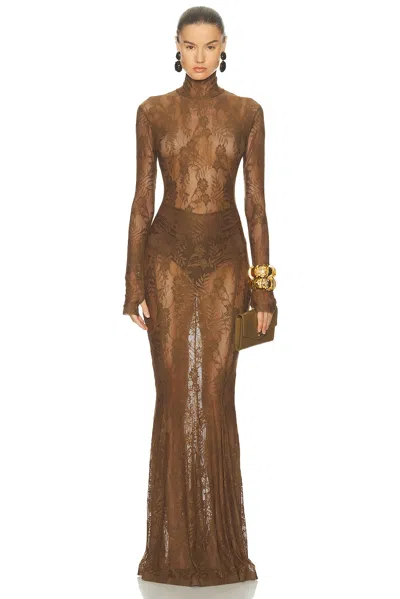 Norma Kamali For Fwrd Long Sleeve Turtleneck Fishtail Gown In Brown
